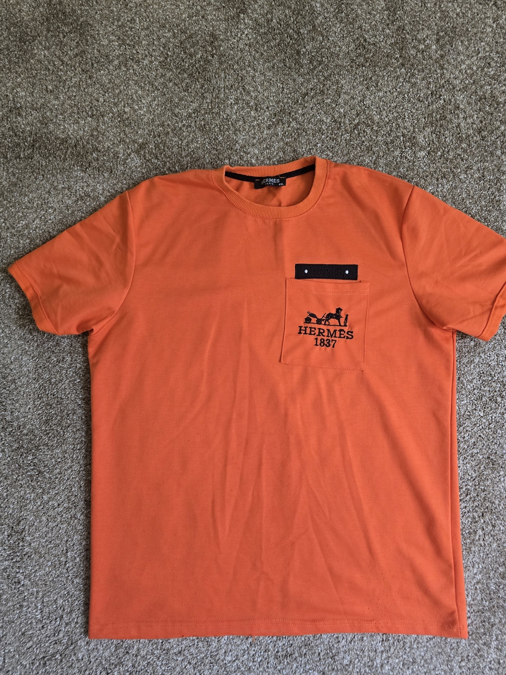 Hermes Men's Crewneck Pocket Tee in Bright Orange with Black Logo Detail